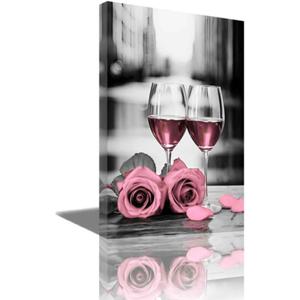CGXLB Rose Pink Wine Canvas Wall Art Kitchen Artwork Black and Pink Rose Floral Wine Glass Picture Prints for Dining Room Restaurant Home Decor (Pink16.00" x 24.00")