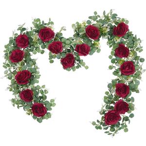 Dolicer 2Pcs 13Ft Artificial Eucalyptus Garlands with Flowers - 8 Roses, Faux Floral Greenery Garlands Fake Flowers Vines for Wedding Table Centerpieces Arch Party Ceremony Backdrop Decor (Red)