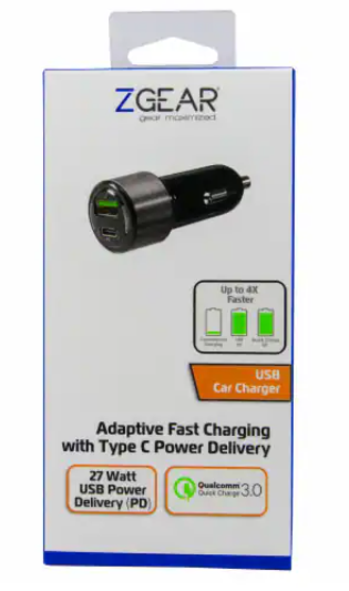 ZGear Qualcomm Quick Charge 3.0 Car Charger with USB-C - Black/Silver
