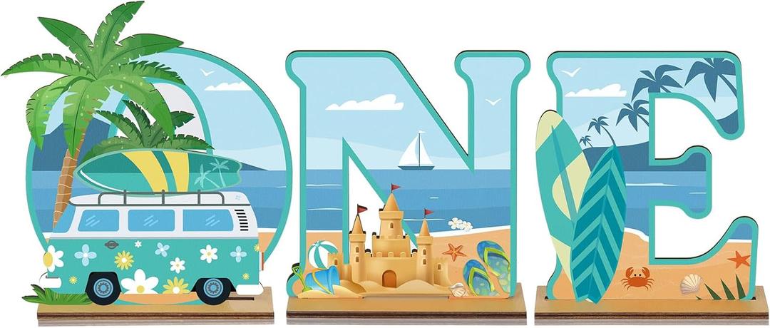 3 Pcs Surf First Birthday Decorations the Big One Wooden Table Centerpiece Surf One Letter Sign 1st Party Supplies for Summer Beach Birthday Board Swimming Hawaii Party Decor