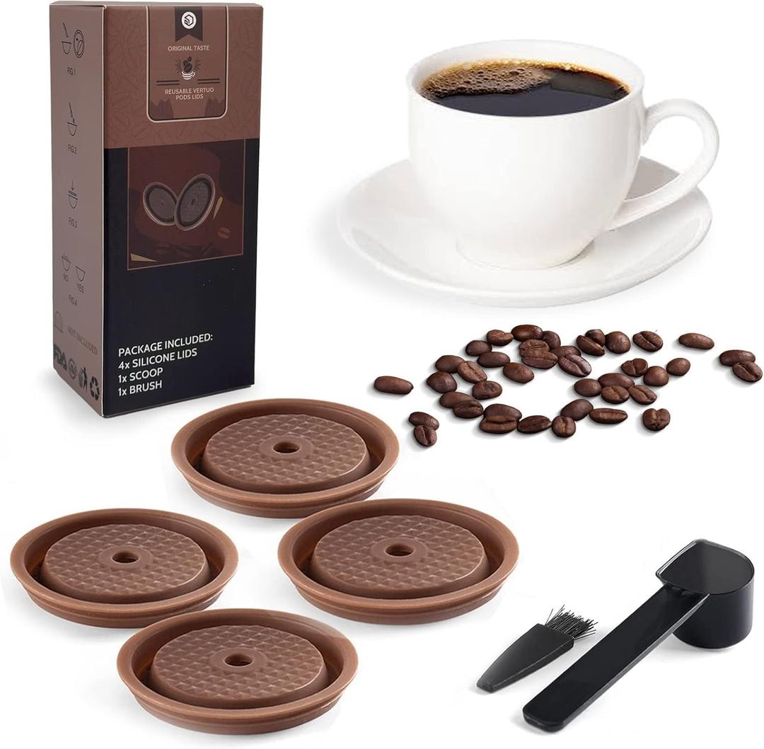 Reusable Coffee Capsule Lids for Original Nespresso Pods Vertuoline, Food Grade Silicone Caps for Any Sizes of Reusable Nespresso Refillable Capsule with Scoop and Brush (Brown)