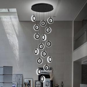 Modern LED Chandelier for High Ceilings Fandelier Hallway Stairwell Spiral Chandelier 16 Ring Black