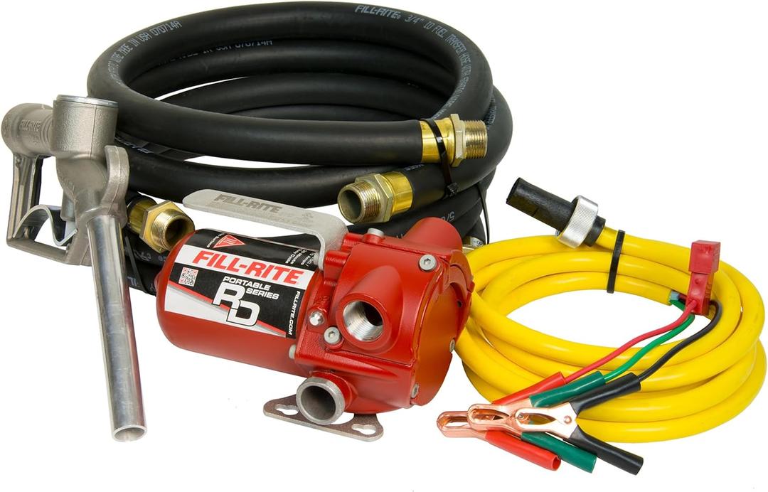 Fill-Rite RD812NH 12V 8 GPM Portable Fuel Transfer Pump w/Discharge Hose, Manual Nozzle, Power Cable/Clips, & Suction Hose
