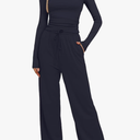 Darong Women's 2 Piece Outfits Lounge Sets Long Sleeve Mock Neck Tops High Wasited Wide Leg Pants Tracksuit Sets Dark Blue, XS