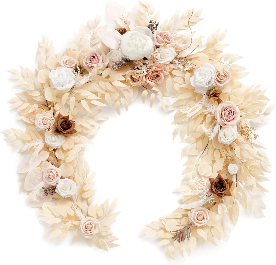 Ling's Moment Flower Garland - 6FT Eucalyptus & Rose - Sweetheart Table Decor for Wedding Reception, Artificial Floral Garland for Mantle, Thanksgiving, Christmas Decoration, White & Beige