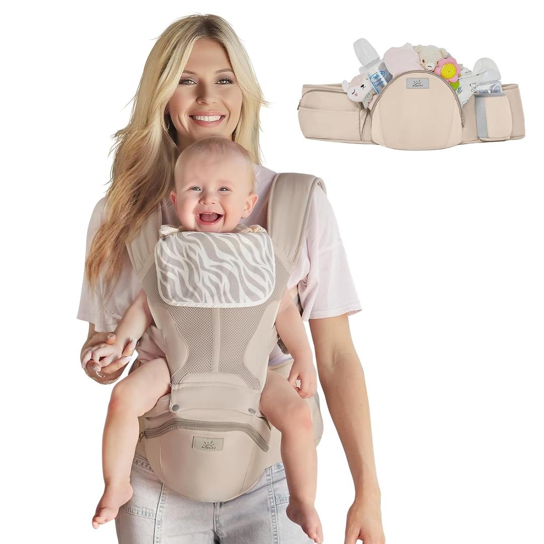 MOMTORY StowNGO Pro Baby Carrier, Safety-Certified 6-in-1 Baby Carrier Newborn to Toddler, Detachable Baby Holder Carrier with Hip Seat, Ergonomic Cozy Baby Body Carrier for 7-50lbs, Khaki