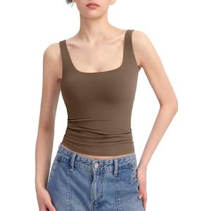PUMIEY Women's Square Neck Tank Top Sleeveless Double Lined Basic Tops Sharp Collection, L