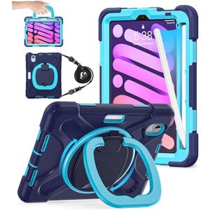 BATYUE Case for iPad mini 7 (A17 Pro) 2024/ iPad mini 6 (A15 Bionic) 2021 8.3 inch, Shockproof Case for iPad mini 7th/6th Gen with Pencil Holder/ 360 Swivel Stand/Shoulder Strap - Navy Blue