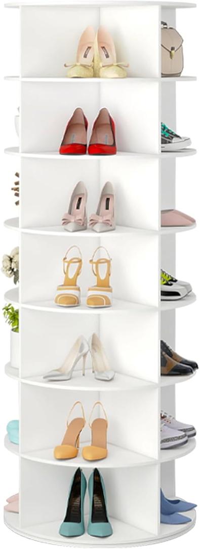 7 Tier Rotating Shoe Rack Tower, Easily Assembled Lazy Susan Shoe Organizer, 360 Spinning Shoe Rack Circular Storage, Multi-Purpose Rotating Storage Tower, White (65 inch)