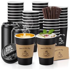 AIRE 100 Pack Coffee Cups with Lids 16 OZ Disposable Coffee Cup for Hot and Cold Drinks, To Go Coffee Cups with Lids, Sleeves, Stir Straws, Black Paper Cup Set for Home, Travel, Office