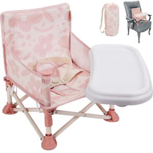 Tiny Marvels 3-in-1 Portable Baby Chair, Foldable Booster Seat with Removable Tray, Safety Harness & Carry Bag for Dining, Travel, Camping, Beach, 6M-3Y (Blush Bloom)