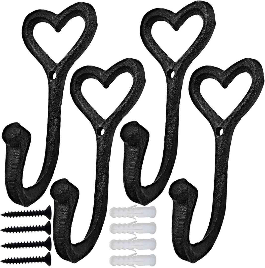 Ebliiny Decorative Wall Hooks Coat Towel Hook, 4 Pcs Key Bag Hanger Coat Hooks Cast Iron Vintage Holder Love Heart Shape Home Decor, Bath Kitchen Garage Hanging Scarf Cap Cup Hat