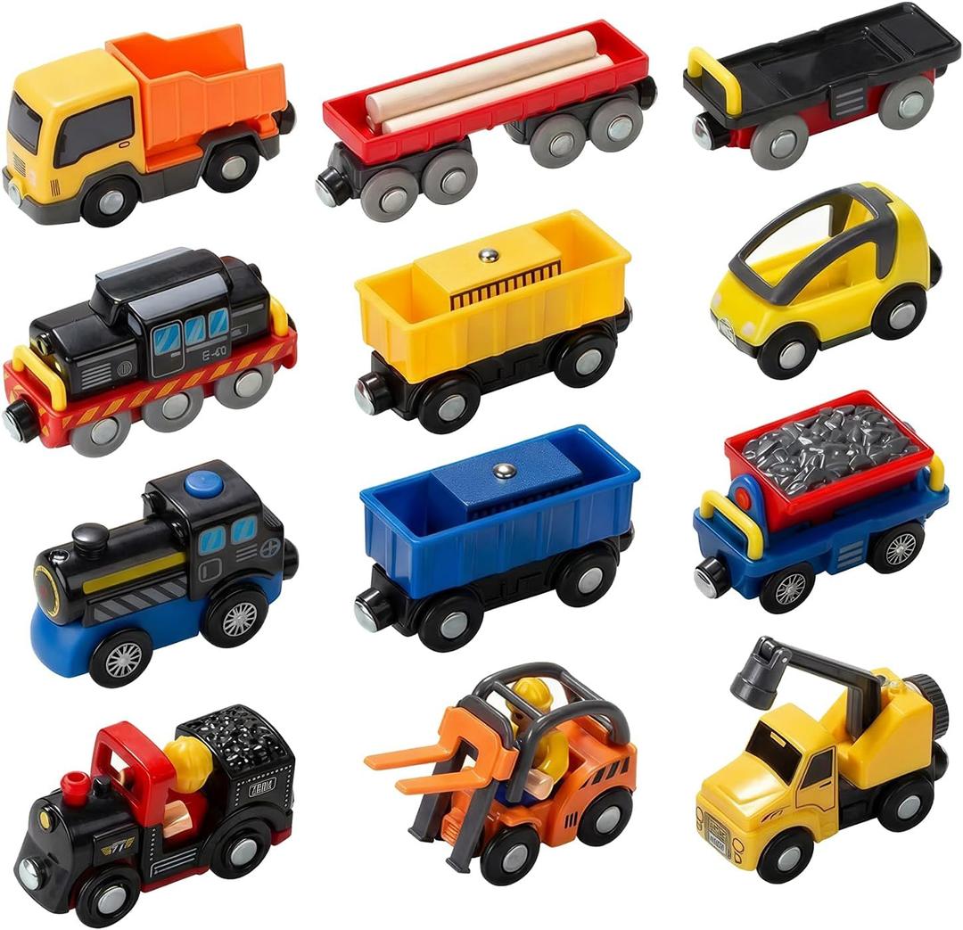 Giant bean 12Pcs Vehicles Battery Operated Train Car Set, Magnetic Mini Construction Set for Wooden Train Track, Bulk Car Toys for Toddlers Boys Girls Kids 3 4 5, Fits for Most Brands