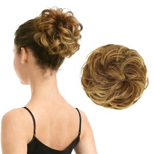 BARSDAR 100% Human Hair Bun Extension - Elastic Wavy Curly Messy Bun Scrunchies for Women - Brown Blonde Real Human Hair Updo Extensions Thick Fluffy Chignons Hairpieces - Brown mix Blonde