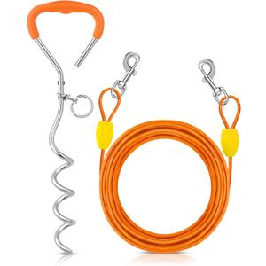 Petbobi Dog Tie-Out Cable and Stake - 15ft Heavy Duty Cable, No Tangle, 16in Ground Stake, Ideal for Yard, Camping and Beach, Suitable for Small Medium Large Dogs Up to 20 lbs, Orange