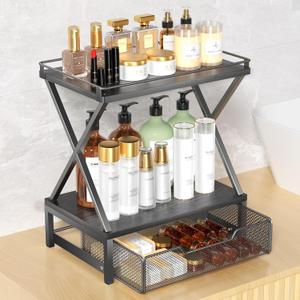 2 Tier Bathroom Counter Organizer with Drawer, Wood Vanity Bathroom Organizers and Storage for Perfume Skincare, Organizer Countertop Shelf for Bath Vanity Bedroom Kitchen Storage (Black)