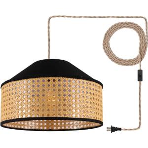 Plug in Pendant Light Rattan Hanging Lamp with On/Off Switch 15 Ft Hemp Rope Black Fabric+Handwoven Rattan Lampshade,12Hanging Light Fixture for Bedroom, Kitchen, Living Room