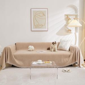 Large Sofa Cover with Decorative Fringe, Full Coverag Sofa Slipcovers for 2 3 4 Seater, Living Room Decoration Sofa Throws Blanket (Beige,180x340cm)