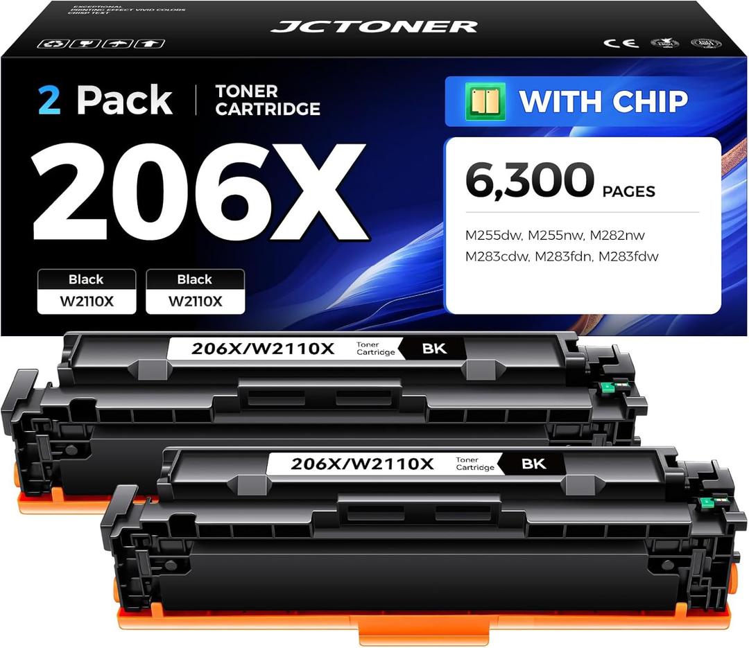 206X Black Toner Cartridge 2-Pack with chip High Yield Replacement for HP 206X W2110X 206A W2110A Compatible for HP Color LaserJet Pro MFP M283cdw M283fdn M283fdw M282nw M255dw M255nw M283 Printer Ink