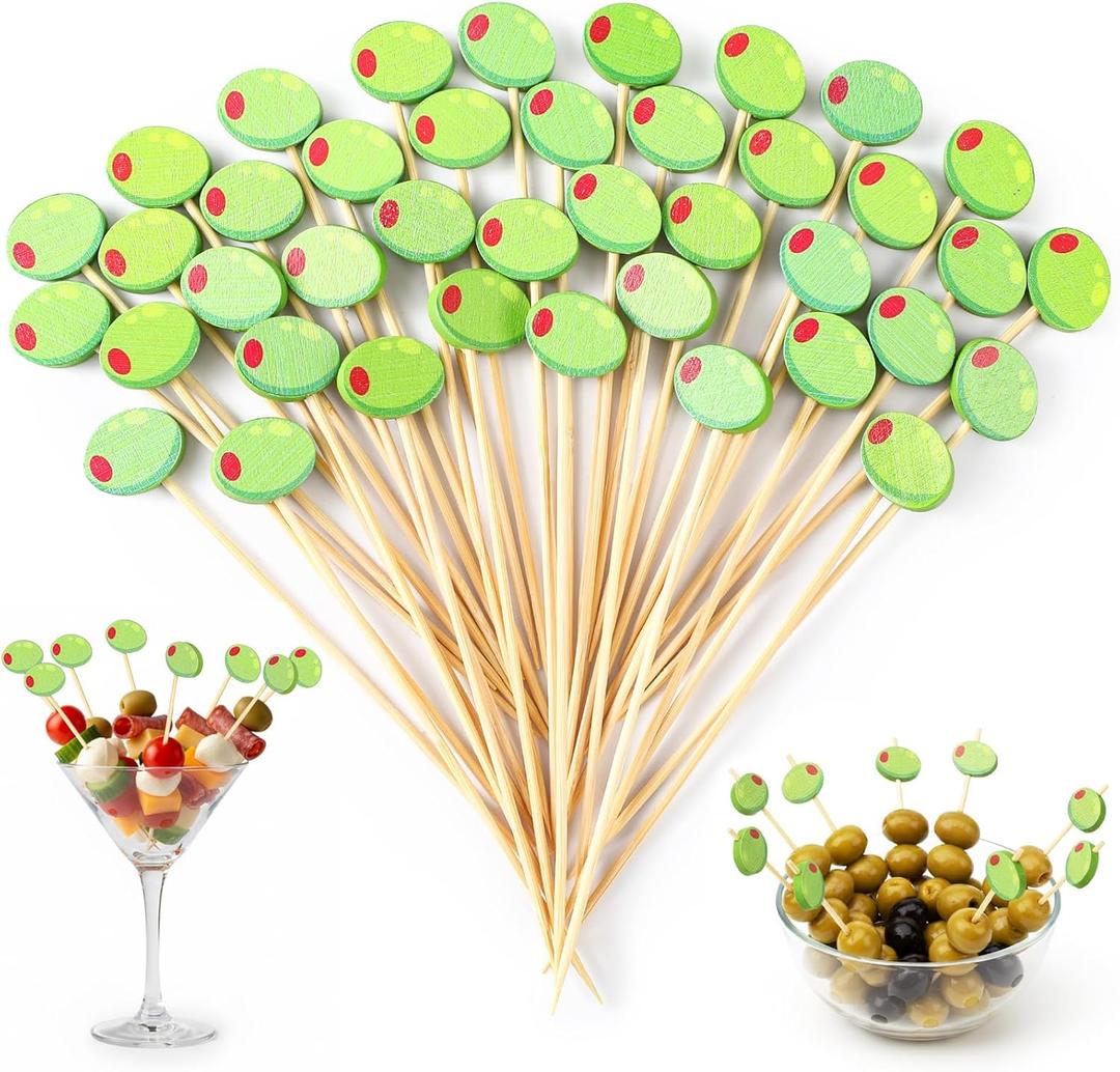 Tioncy 100 Pcs Green Olive Cocktail Picks 4.7 Inch Green Cocktail Toothpicks for Appetizers Decorative Bamboo Skewers Party Decorations Fruit Food Picks for Party Supplies