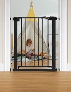 BABELIO 26-28.5 Inch Narrow Easy Install Baby Gate, Auto-Close Pet Gate for Small Stairs and Doorways, NO Drilling Pressure Mounted, NO Extensions, Black
