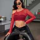 Avidlove Mesh Crop Tops for Women Long Sleeve Fishnet Shirt See Through Tops Rave Outfits Party Clubwear (Red, XL)