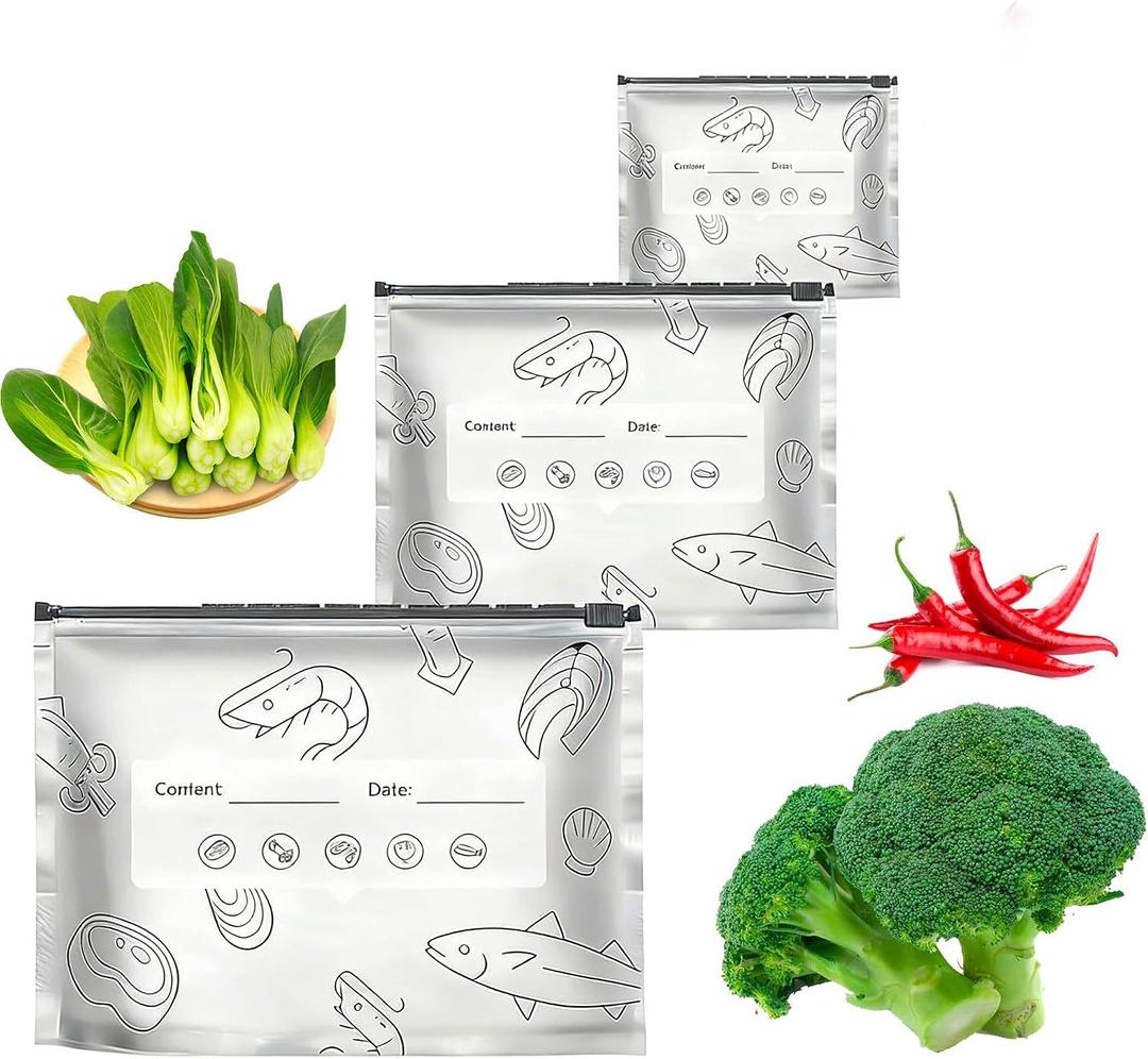 30 PCS Reusable Aluminum Foil Food Storage Bags,Resealable Ziplock freezer Bags Airtight for Freezer Fridge with Labels,BPA-Free 3 Sizes for Meat bags Fruit Vegetables Snacks(S*10+M*10+L*10)