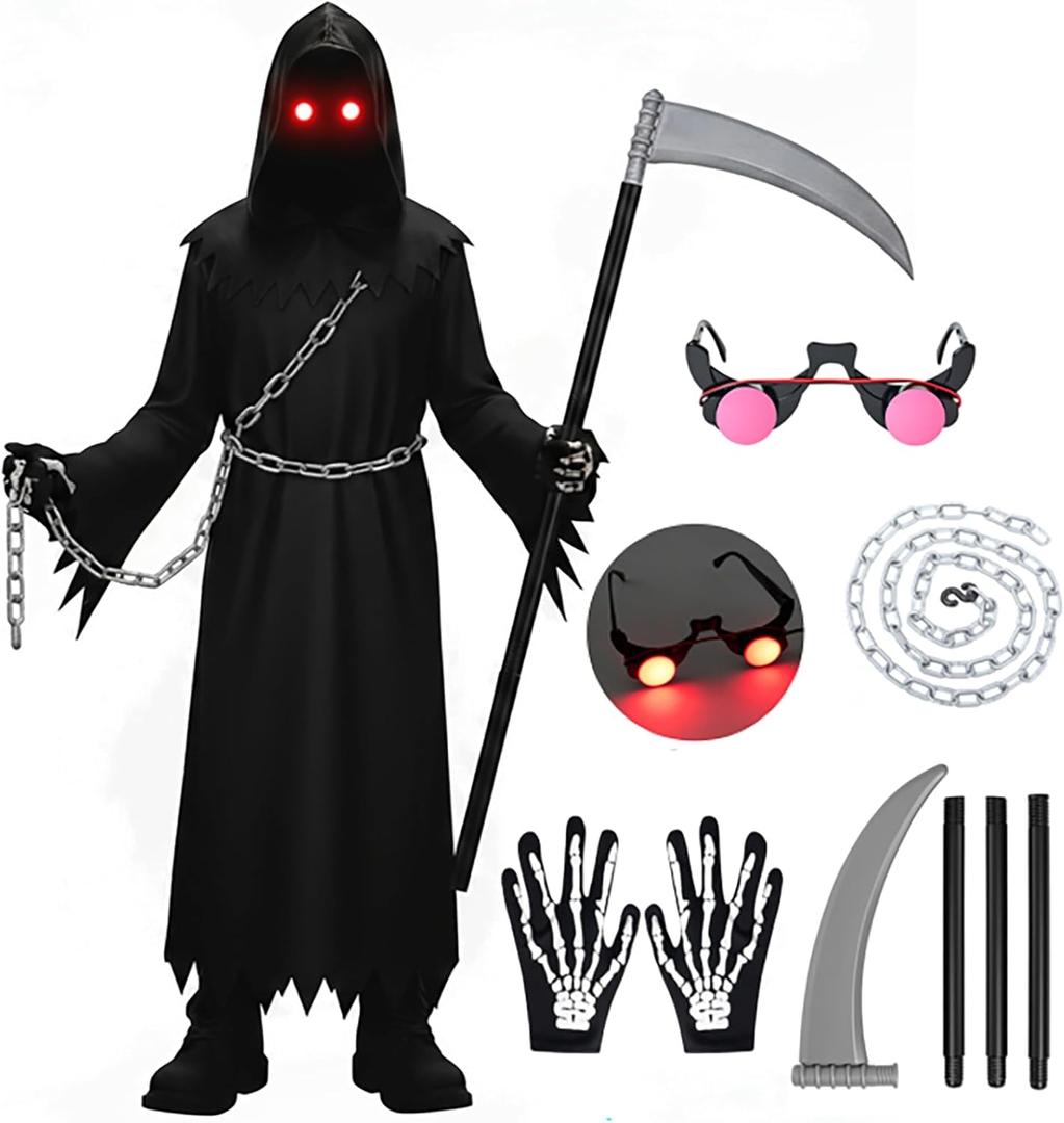 Xtinmee Grim Reaper Costume Scary Halloween Outfit for Adult with Glowing Eyes Scythe Gloves Chain for Halloween (XL for 12-14 Yr)