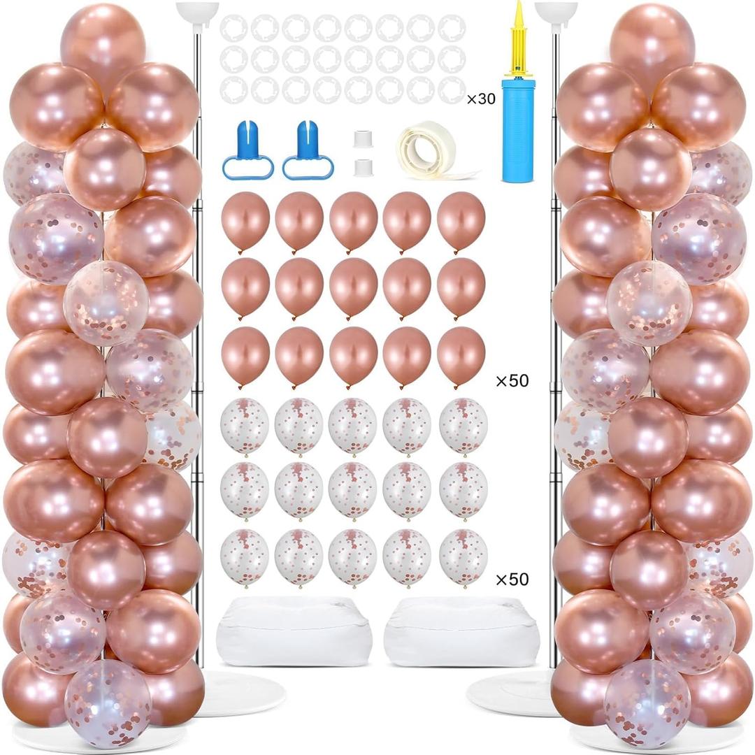 2 Sets Rose Gold Balloon Column Stand Kit with 100 Balloons Graduation Adjustable Tower Stand with Bases Floor Rose Gold Confetti Balloon Column Bridal Shower Bachelorette Birthday Wedding Party Decor