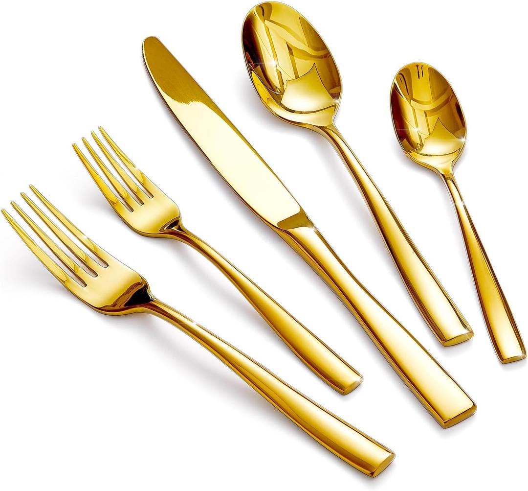 HIKAA Forged Silverware Set Stainless Steel Flatware Set,Service for 4,Matte Satin Polished Cutlery Set,Dishwasher Safe (Gold, 20PCS)
