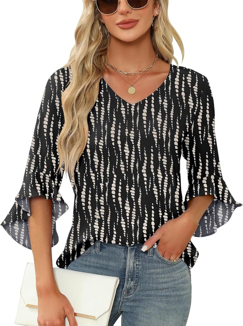 Qirno Chiffon Blouses for Women Ruffle 3/4 Sleeve Dressy V Neck Casual Flowy Tunic Tops (X-Large, Black Apricot Stripes)
