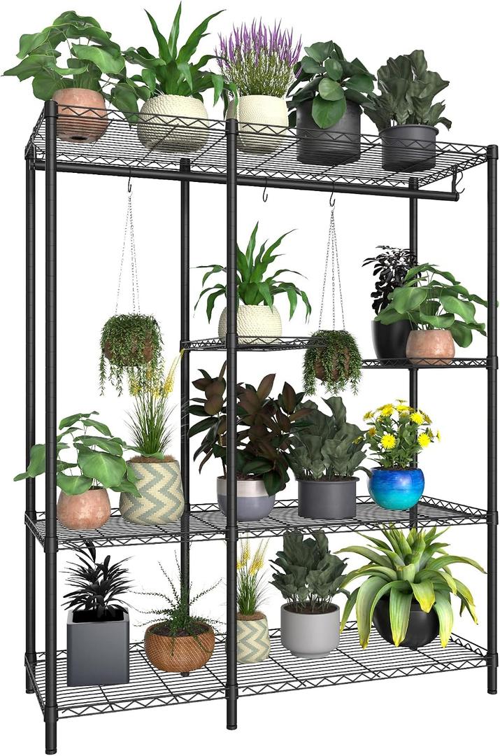 Xiofio 5-Tier Plant Stand for Indoor Outdoor, Large Reinforced Plant Shelf for Hanging Multiple Plants Plant Rack ,Adjustable Plant Stand Suitable for Bedroom Living Room Balcony Garden,Black