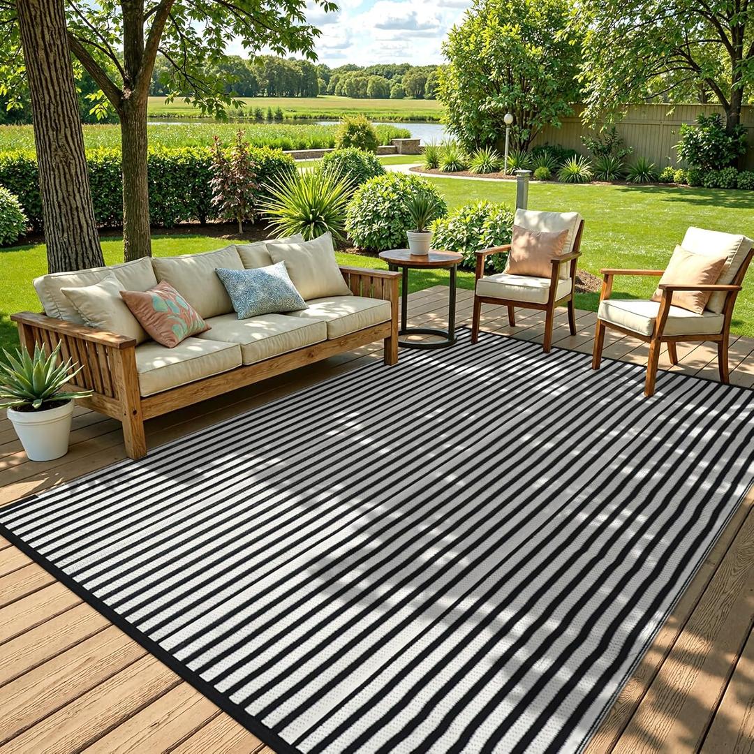 LEEVAN Outdoor Rug Waterproof for Patio Clearance Black and White Camping Rug 8x10 Plastic Straw Striped Floor Carpet for Backyard, Picnic, RV, Deck, Bench, Balcony