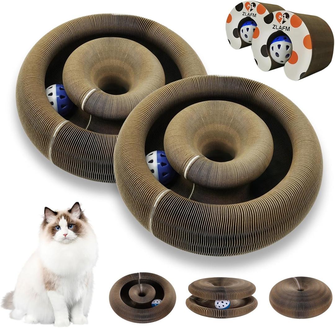 2 Pack Magic Organ Cat Scratcher Toys, Foldable & Reversible Accordion Kitty Toy with Bell Balls, Interactive Cardboard Scratching Board Scratcher Pad for Indoor Cats