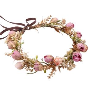 Boho Sweet Girl Flower Crown - Golden Leaf Purple Flower Headband for Weeding, Birthday Party, Cosplay, Dress Up, Masquerade (Pink1)
