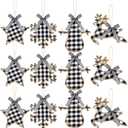 12 Christmas Burlap Tree Hanging Ornaments Buffalo Check Plaid Stitching Tree Ornament Deer Snowman Snowflake Star Shaped Hanging Ornaments for Xmas Holiday Party Decorations (White and Black)