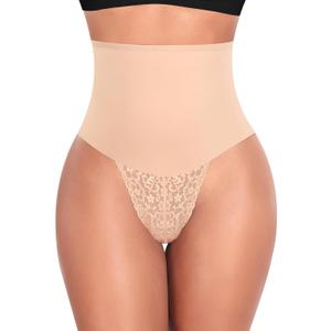 Werena Tummy Control Thong Shapewear for Women Mid High Waisted Body Shaper Underwear Lace Shaping Thong Girdle Panties (Medium, #A1 Mid Rise Beige)
