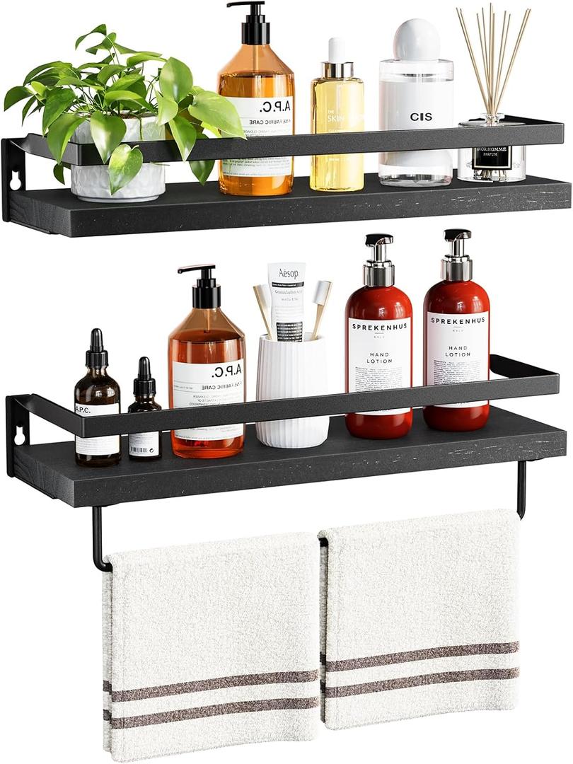 AMADA HOMEFURNISHING Bathroom Shelves with Towel Bar, Floating Shelves, Wall Shelves for Bathroom/Living Room/Kitchen/Bedroom, Black, Set of 2 - AMFS01B, 2 Pack Shelves