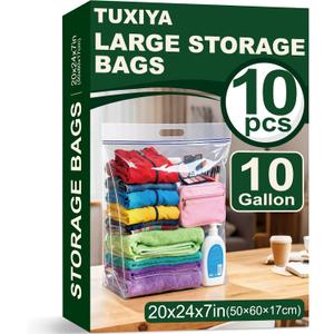 10 PACK Extra Large Storage Bags, 10 Gallon 24"x20"x7", Resealable Clear Bags with Handle, XL Heavy Duty for Clothes Travel Moving, Double Zipper Seal, Expandable Bottom, Thick 8 Mils