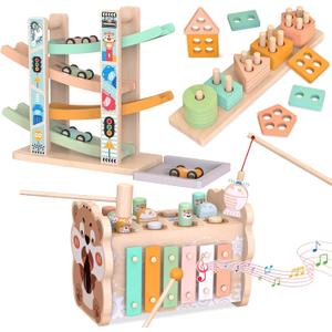 Wooden Montessori Toys for 1 Year Old, Pounding Hammering Toy with Xylophone & Fishing Game, Car Ramp Toy, Stacking Blocks & Shape Sorter 3 in 1 Wooden Toddler Toys 1 2 3 for Christmas Easter Gifts