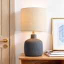 Ceramic Table Lamp, 17.75" Nautical Bedside Lamp with Beige Linen Shade, Warm Ambient Nightstand Lighting for Beach House, Navy Blue