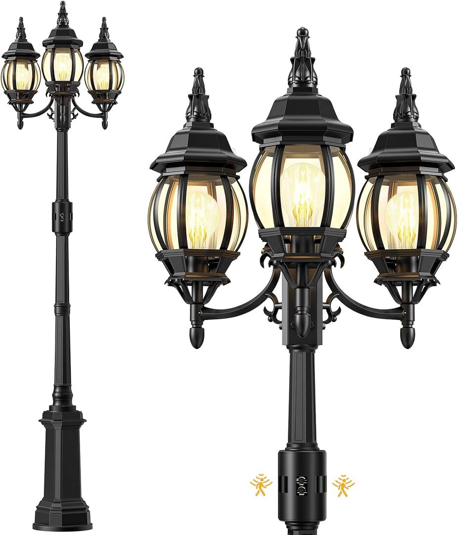 Redluck 3-Head Motion Sensor Outdoor Post Lights, Dusk to Dawn Lamp Post, 97.6IN