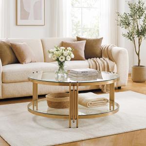 36" Round Glass Coffee Table,Gold Circle Coffee Table with Storage, 36" Diameter x 17" Height