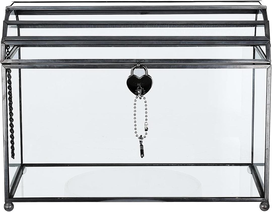 HighFree Glass Card Box, Large Clear Card Box for Wedding Receptions, Decorative Storage Box for Baby Shower, Birthday Party, Bridal Shower (Black, 12.2 inch)