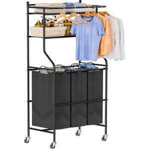 Laundry Hamper with Wheels, 42 Gal (160L) Rolling Laundry Sorter Cart with Shelf and Hanging Rack, 3 Section Basket Organizer, Black