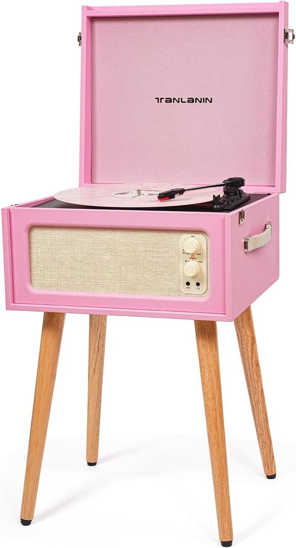 Vintage Standing Pink Vinyl Record Player with Detachable Legs, Built-in 4 Speakers, USB to PC Encoding, 33/45/78 RPM LP Player Bluetooth Retro Turntables Support Headphone Jack, RCA Out, AUX in