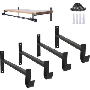 AddGrace Closet Rod Bracket Heavy Duty Shelf Brackets 10 Inch Black Wall Mounted Closet Rod Support with Pole Holder Industrial Iron Shelving Supports with Hook (4 Pack)