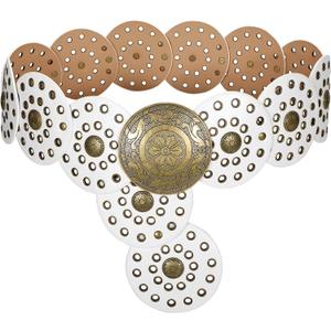 LEACOOLKEY Women's Boho Disc Belt Wide Western Leather Belt Vintage Concho Waist Belts for Dress Jeans