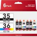 6-Pack PGI-35 CLI-36 Ink Cartridges Compatible for Canon 35 36 Ink Cartridges Combo Pack for PIXMA TR150 IP110 TR152 TR160 mini260 mini320 Printer(4xBlack, 2xTri-Color)