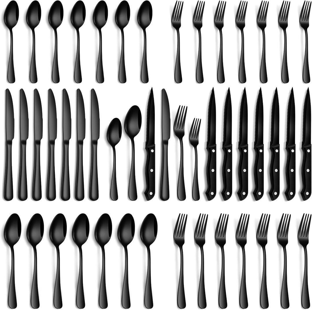 Black Silverware Set, 48-Piece Flatware Set with Steak Knives for 8, Stainless Steel Mirror Cutlery Include Forks Spoons and Knives Set, Dishwasher Safe Utensils Set for Home Restaurant